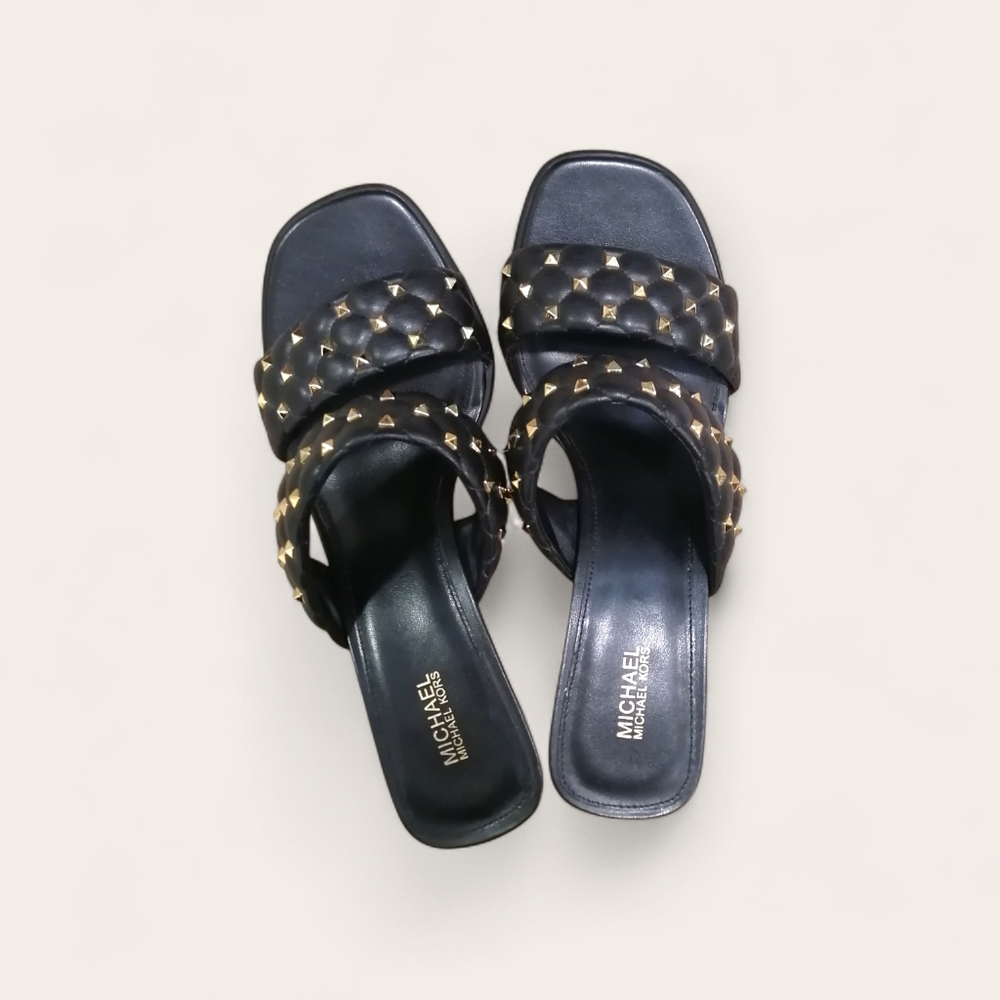 Michael Kors Black Studded Vegan Leather Heels – 3" Gold Tone Sandals SG22A 💖